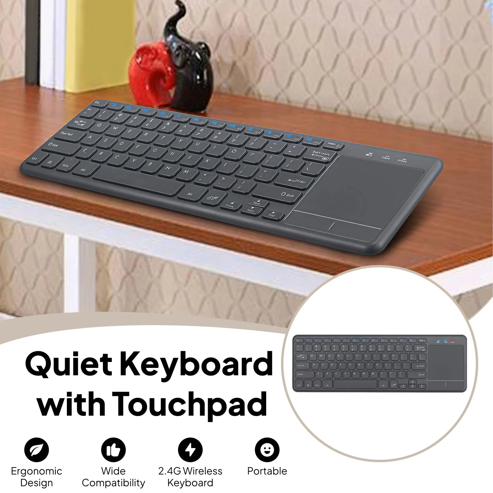 Wireless Keyboard Built in Trackpad Durable Lightweight 2.4G 78 Key Kaypad Portable for Laptop Computer Desktop Smart TV Tablet