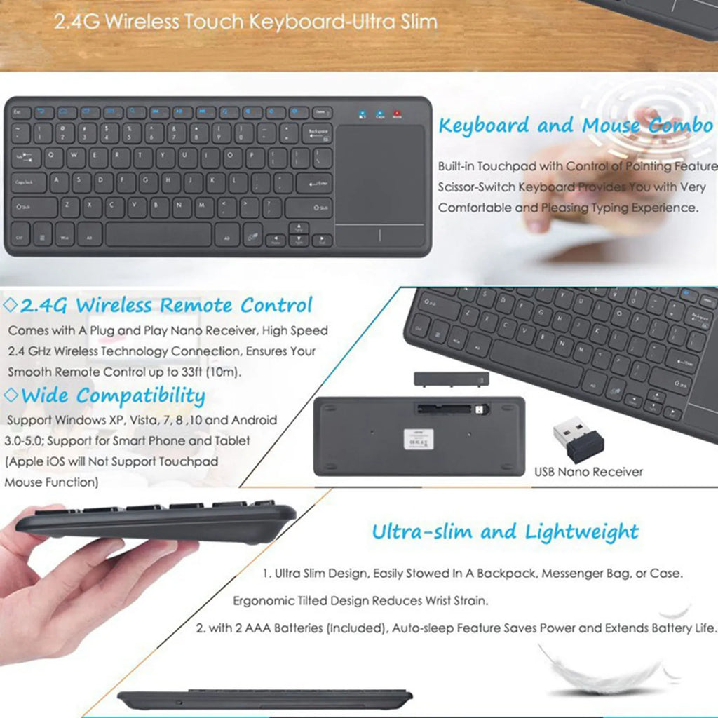 Wireless Keyboard Built in Trackpad Durable Lightweight 2.4G 78 Key Kaypad Portable for Laptop Computer Desktop Smart TV Tablet
