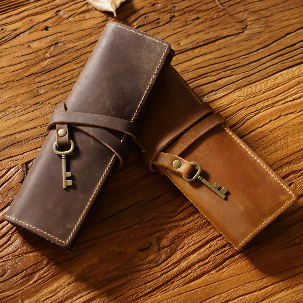 OEM ODM Genuine Leather Draw Pencil Case Pen Stationery Holder Case Crazy Horse Leather School Holder Pouch Bag Pen Bag