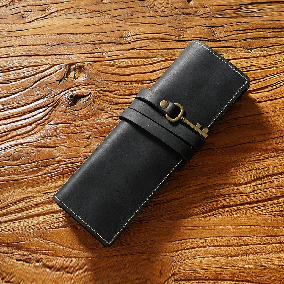 OEM ODM Genuine Leather Draw Pencil Case Pen Stationery Holder Case Crazy Horse Leather School Holder Pouch Bag Pen Bag