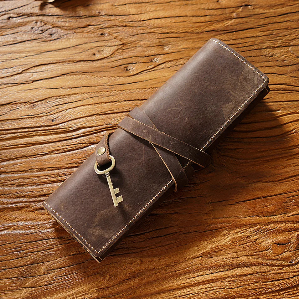 OEM ODM Genuine Leather Draw Pencil Case Pen Stationery Holder Case Crazy Horse Leather School Holder Pouch Bag Pen Bag
