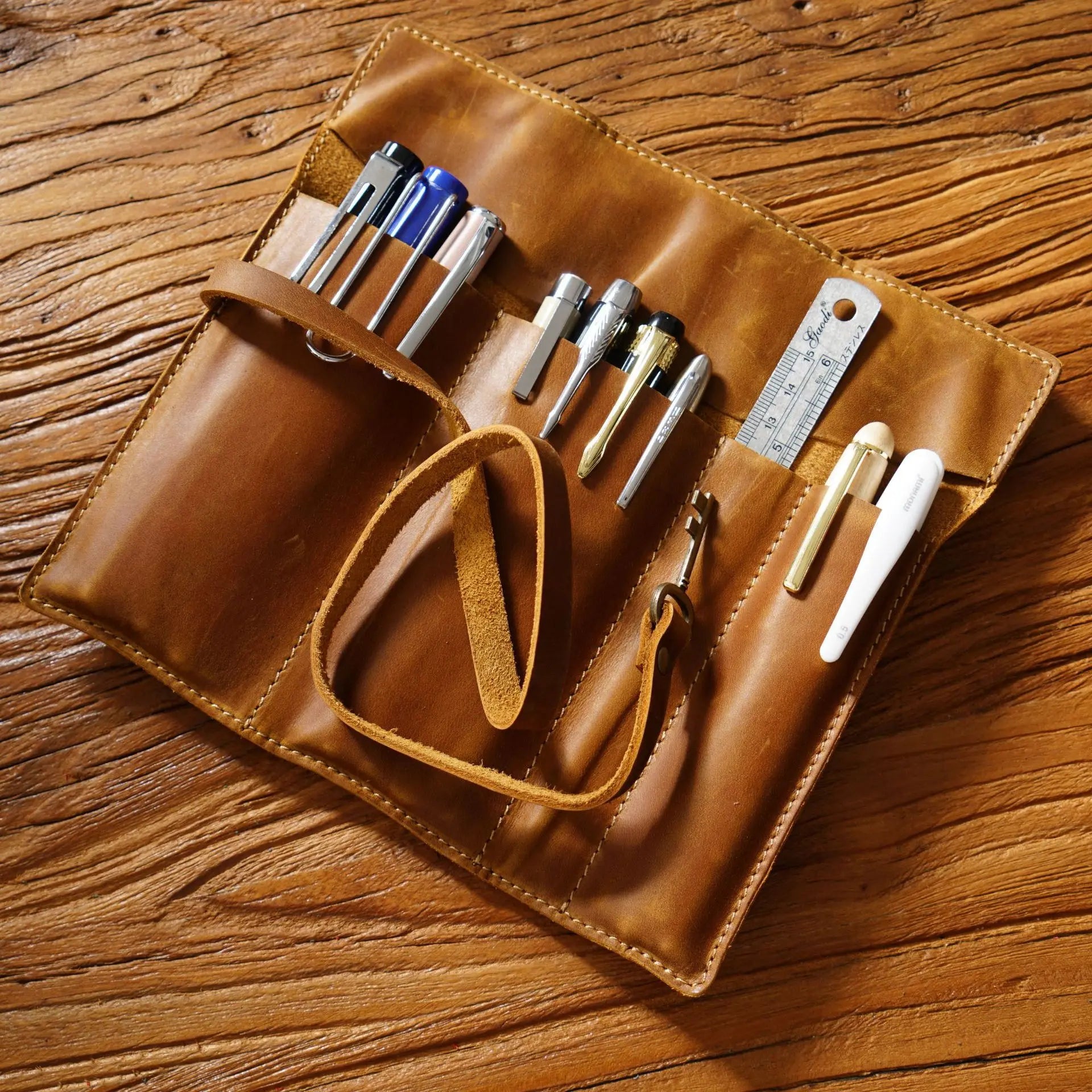 OEM ODM Genuine Leather Draw Pencil Case Pen Stationery Holder Case Crazy Horse Leather School Holder Pouch Bag Pen Bag