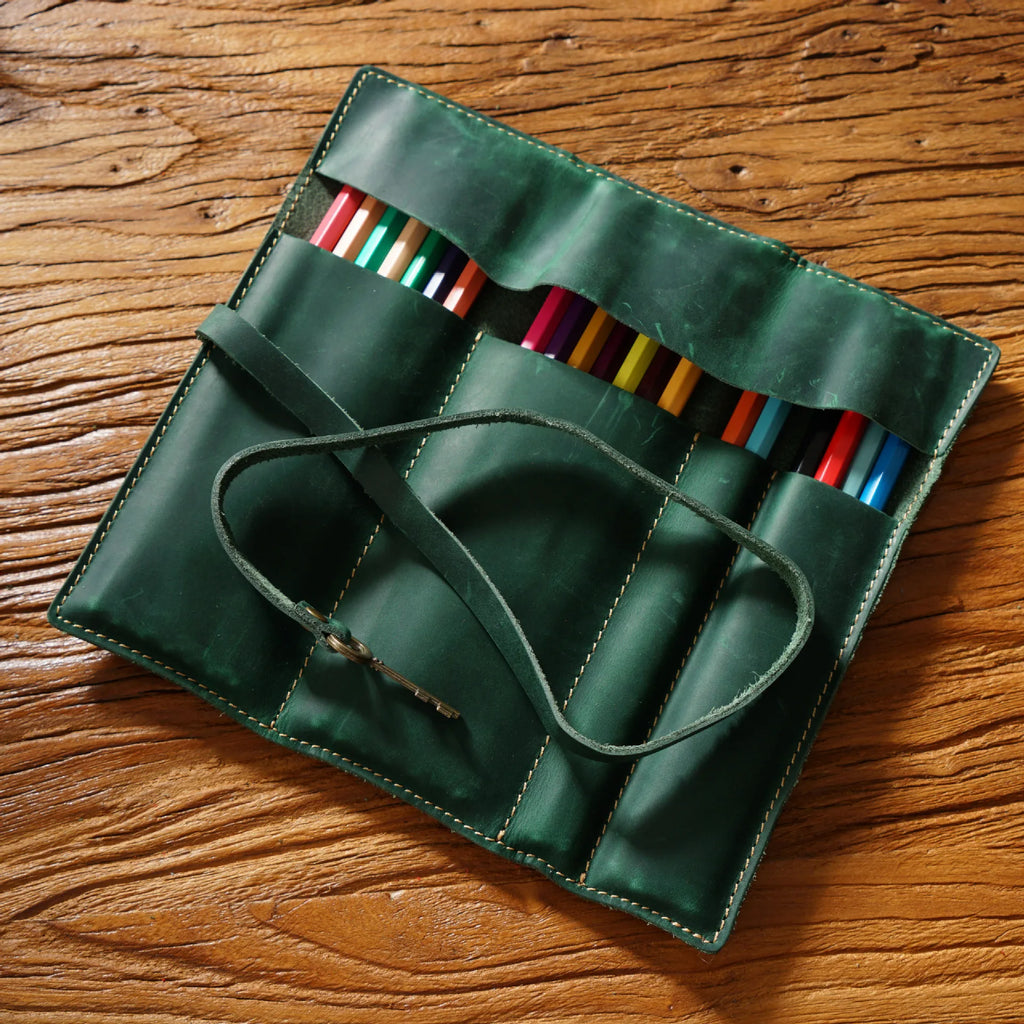 OEM ODM Genuine Leather Draw Pencil Case Pen Stationery Holder Case Crazy Horse Leather School Holder Pouch Bag Pen Bag