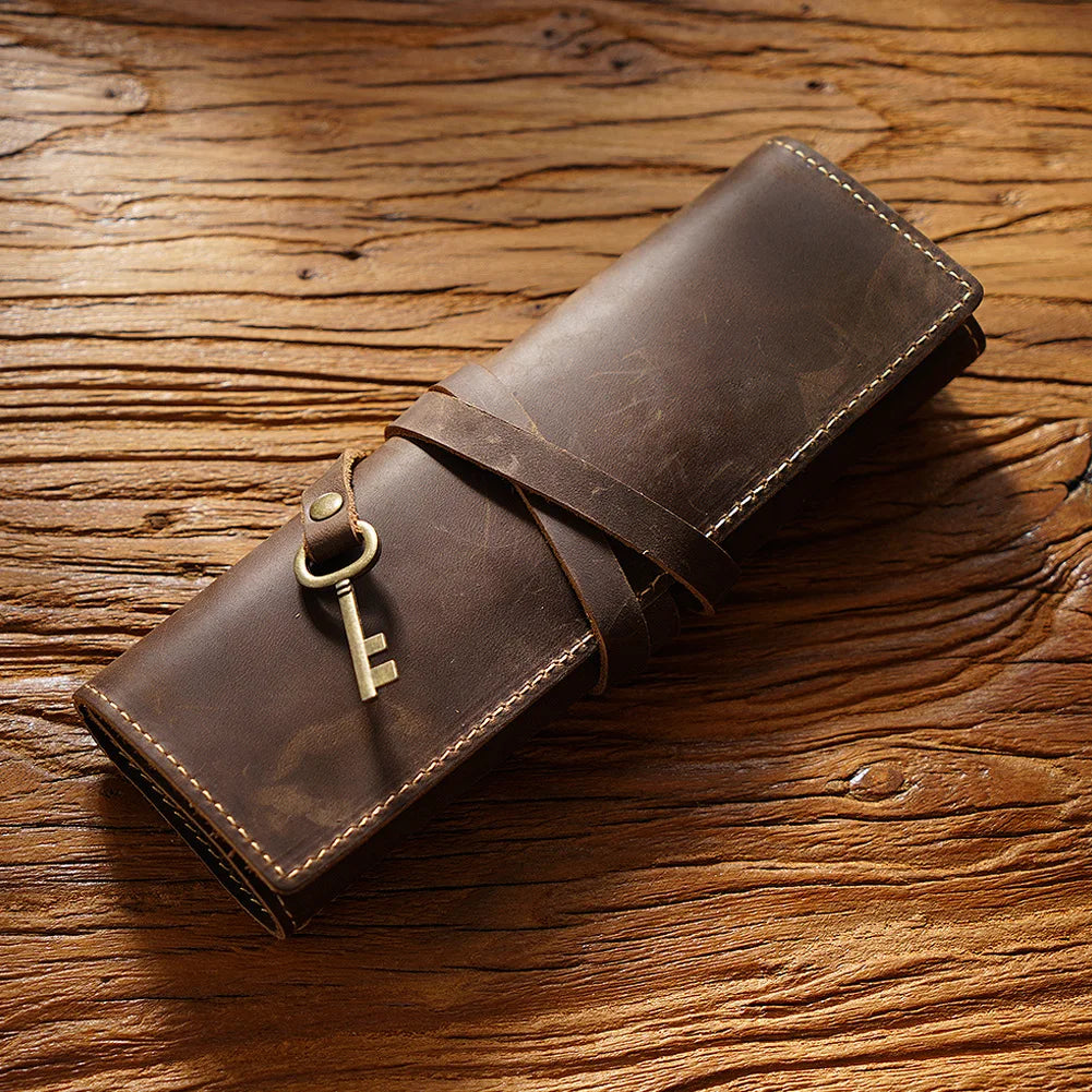 OEM ODM Genuine Leather Draw Pencil Case Pen Stationery Holder Case Crazy Horse Leather School Holder Pouch Bag Pen Bag