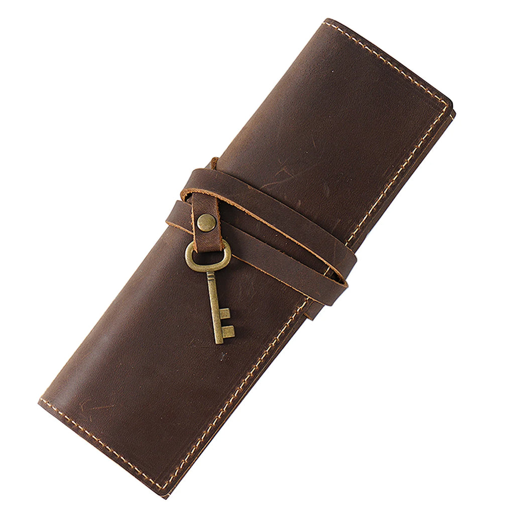 OEM ODM Genuine Leather Draw Pencil Case Pen Stationery Holder Case Crazy Horse Leather School Holder Pouch Bag Pen Bag