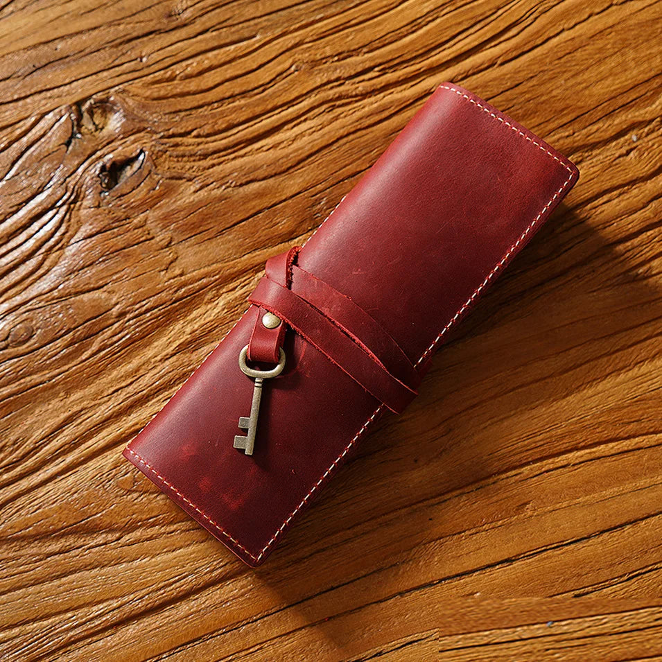 OEM ODM Genuine Leather Draw Pencil Case Pen Stationery Holder Case Crazy Horse Leather School Holder Pouch Bag Pen Bag