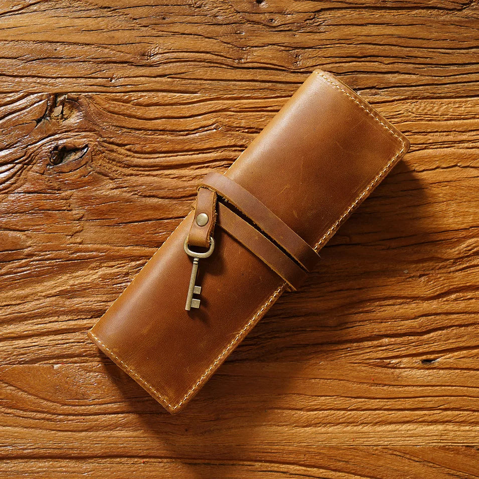 OEM ODM Genuine Leather Draw Pencil Case Pen Stationery Holder Case Crazy Horse Leather School Holder Pouch Bag Pen Bag