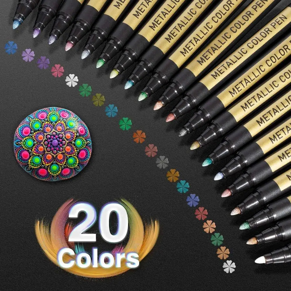Metallic Marker Pens - Set of 20 Medium Point Metallic Markers for Rock Painting, Black Paper, Card Making, Scrapbooking Crafts,