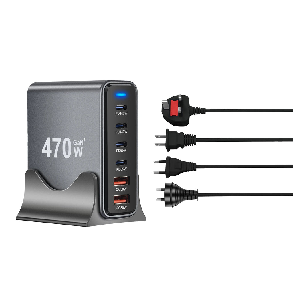 470W 6-Port GaN Desktop Charger - 4C2A USB-C PD Fast Charge for Phones, Tablets & Laptops