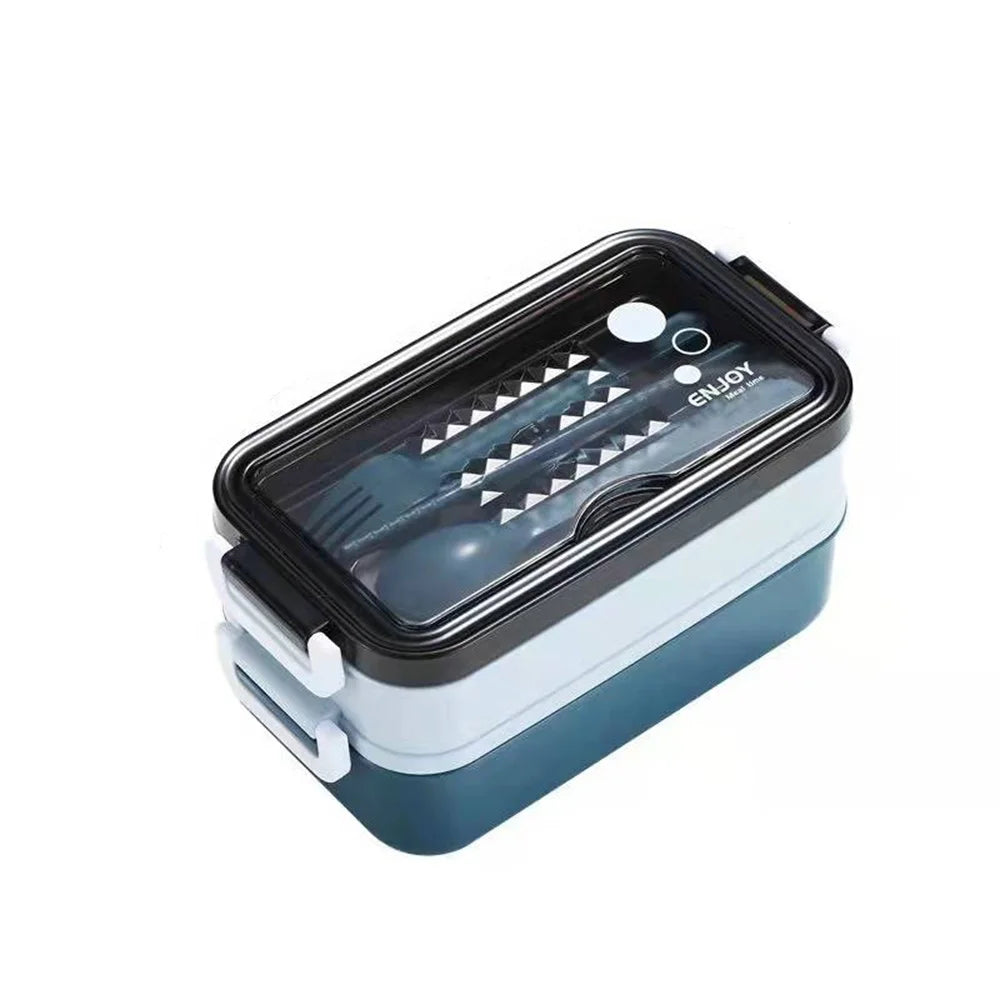 Double-layer Lunch Box 1pc Portable Compartment Food Box Microwave Lunch Box With Fork Chopsticks And Spoon for School office