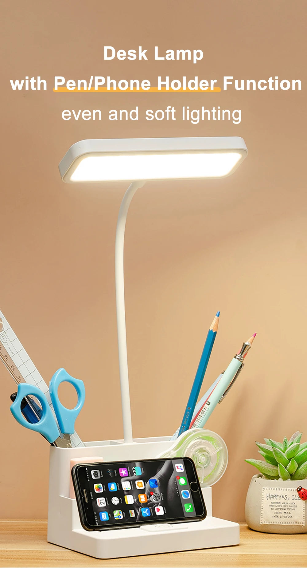 Desk Lamp Rechargeable Light Usb Led Table Lamp Office Study Reading Desk Night Lights With Pen Phone Holder Function
