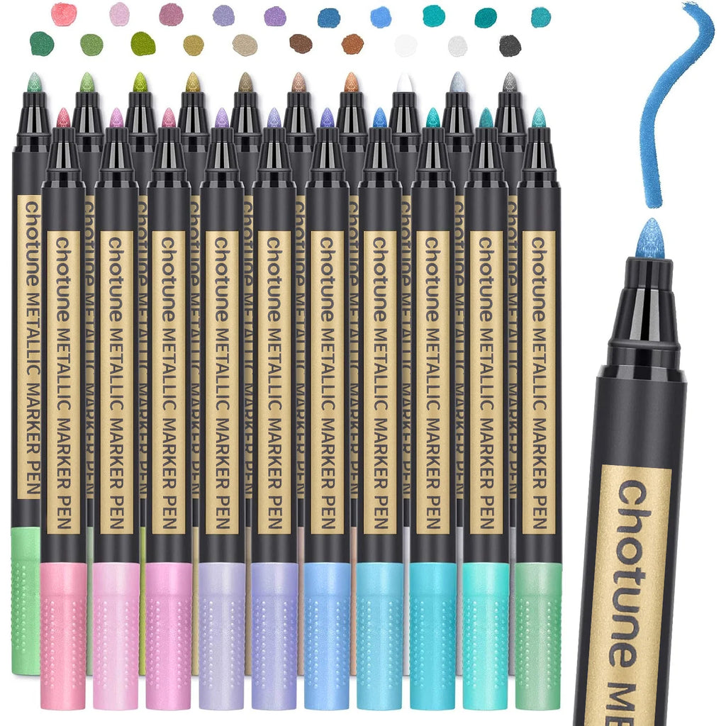 Metallic Marker Pens - Set of 20 Medium Point Metallic Markers for Rock Painting, Black Paper, Card Making, Scrapbooking Crafts,
