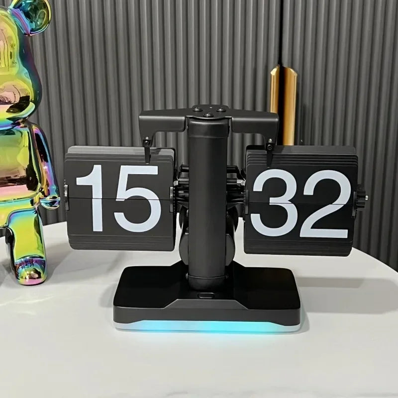 Table Clock 12H/24H Mechanical Automatic Page Turning Clock Retro Ornaments Living Room Bedroom Office Desktop Decoration