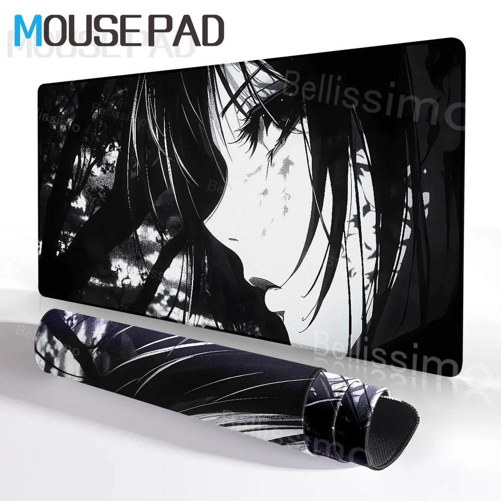 New Black and White Anime Girl Mousepad Large Mouse Pad Office Keyboard Edge Locking Desk Mat PC Gamer Accessories Non-slip Mat