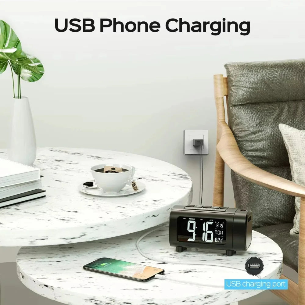 180° Projection Alarm Clock Radio Function Snooze Mode Electronic Digital Alarm Clock USB Charging Bedroom Bedside Table Clock