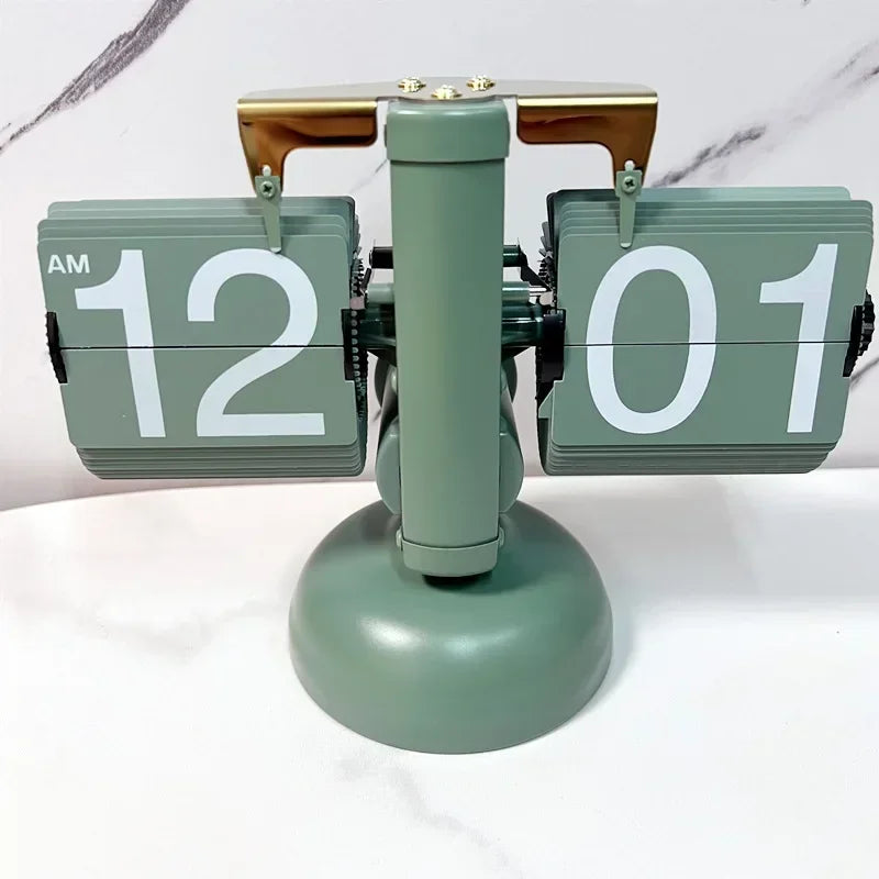 Table Clock 12H/24H Mechanical Automatic Page Turning Clock Retro Ornaments Living Room Bedroom Office Desktop Decoration