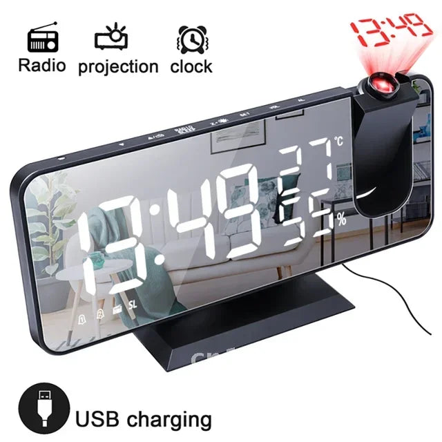 LED Screen Digital USB Wake Up FM Radio Time Projector Clock Week Display Decor with Humidity Table Home Temperature Date Clock