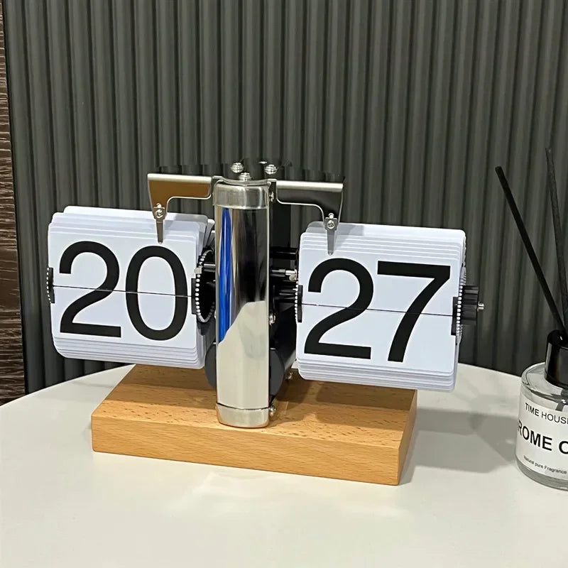 Table Clock 12H/24H Mechanical Automatic Page Turning Clock Retro Ornaments Living Room Bedroom Office Desktop Decoration