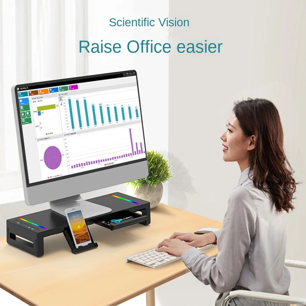 Multifunctional Computer Monitor Stand Riser with RGB Lighting& Fast Charging Interface Height-Adjustable Desk Shelf Riser