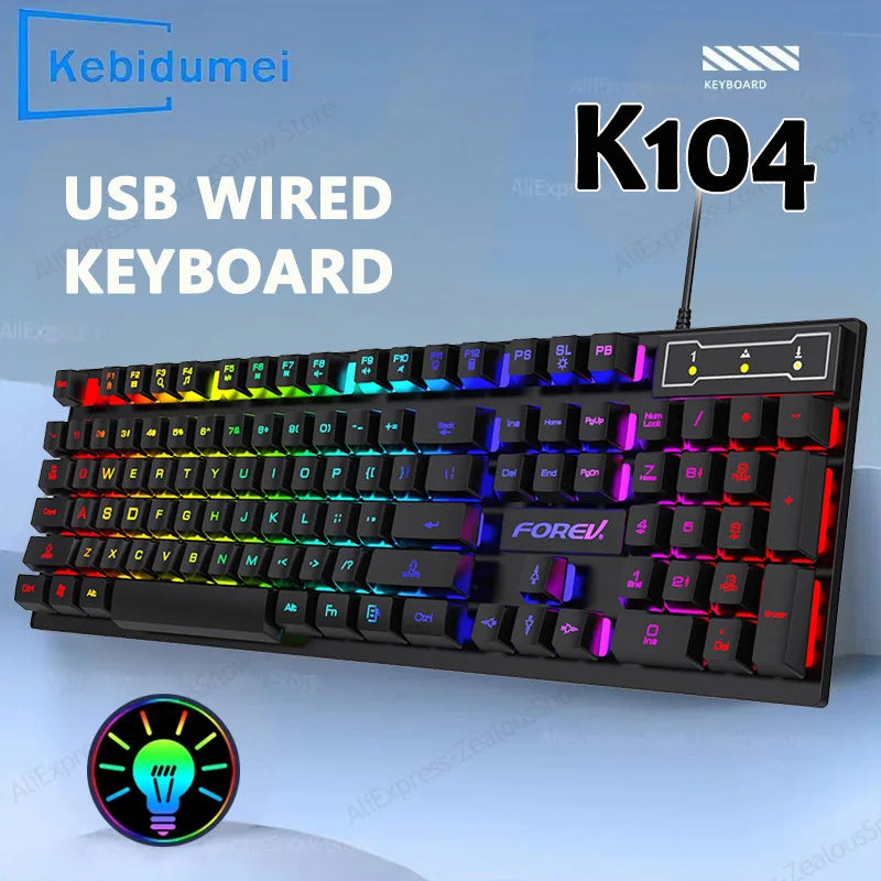 104 Keys Mechanical Feel Keyboard Wired Gaming Keyboard for Laptop PC Ergonomics RGB Backlit 61Key Cyan Axis Keycaps Keyboard