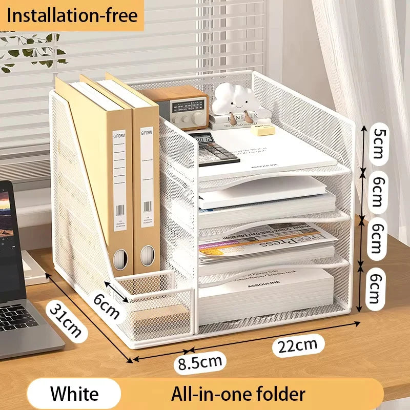 Desk Organizer with File Holder, Desk Organizers with 3 Tier Letter Trays and 2 Pen Holders, Mesh Desk Accessories & Workspace