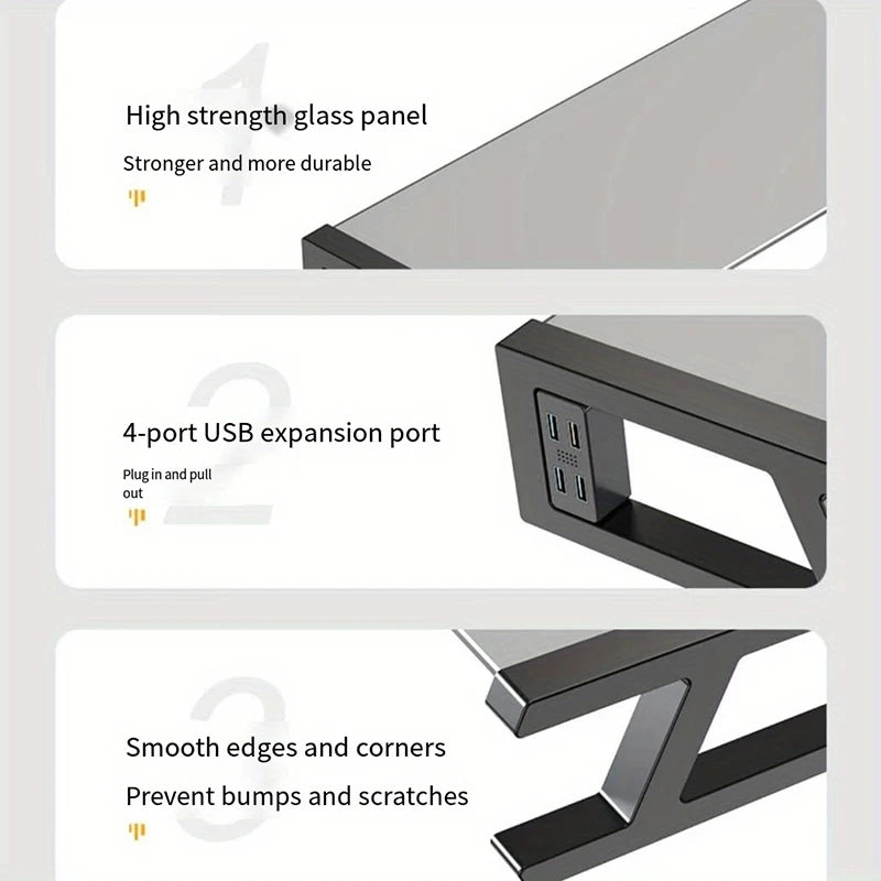 Desk Monitor Stand Riser PC Rack Holder, with 4 USB Ports, Computer Monitor Riser, Desktop Stand and Storage Rack, 20kg Capacity