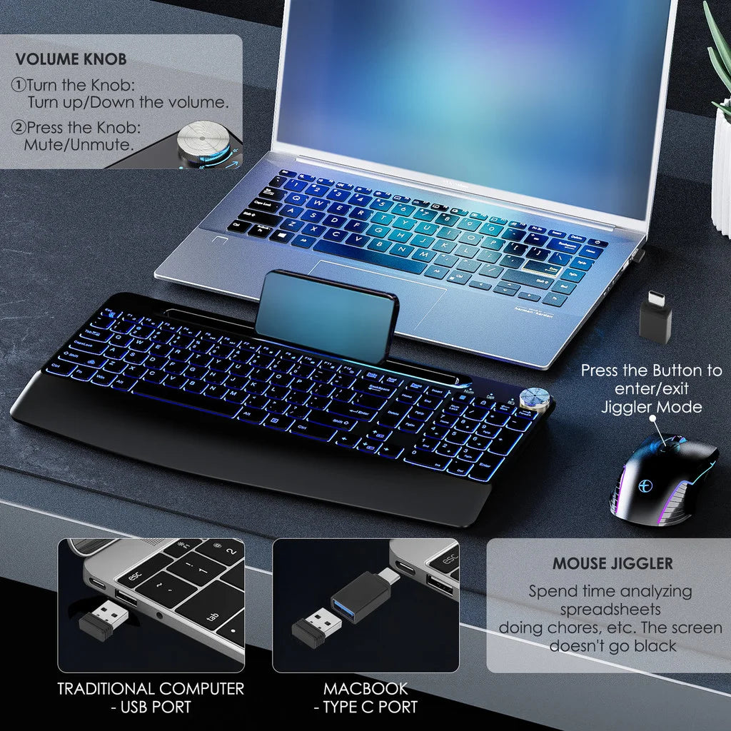 Wireless Keyboard with 7 Colored Backlits, Wrist Rest, Phone Holder, Rechargeable Ergonomic Full Size Keyboard with Silent Keys