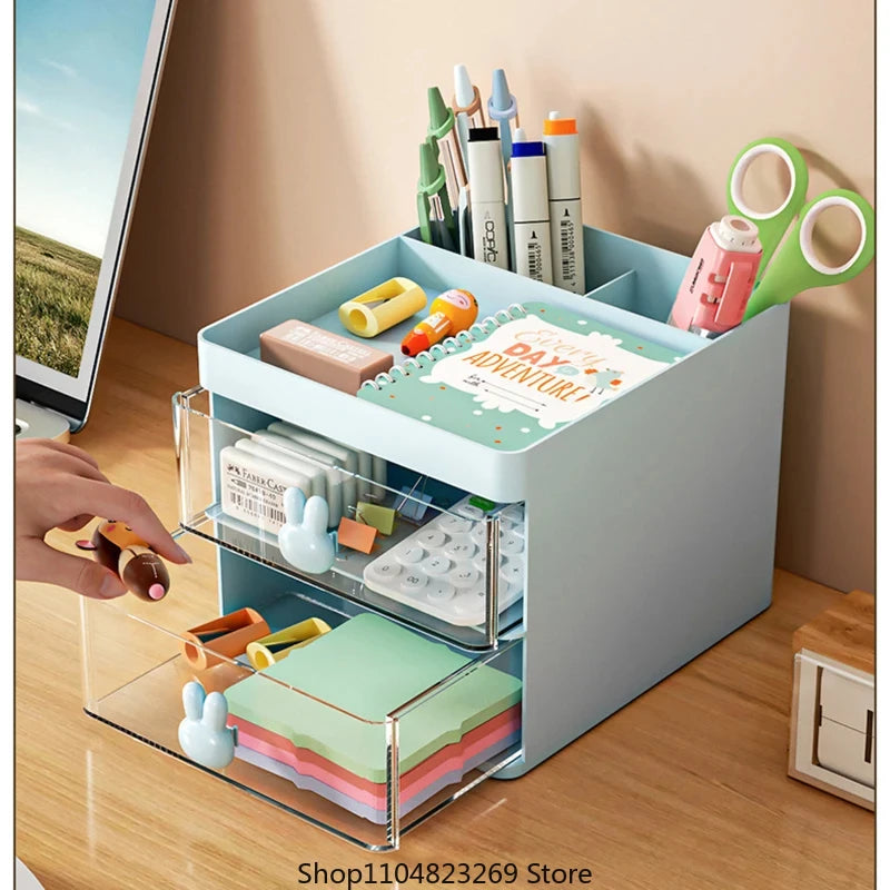 Small Desk Organizer With Drawer, Office Desktop Storage Box Makeup Organizer Business Card/Pen/Pencil/Mobile Phone/Stationery