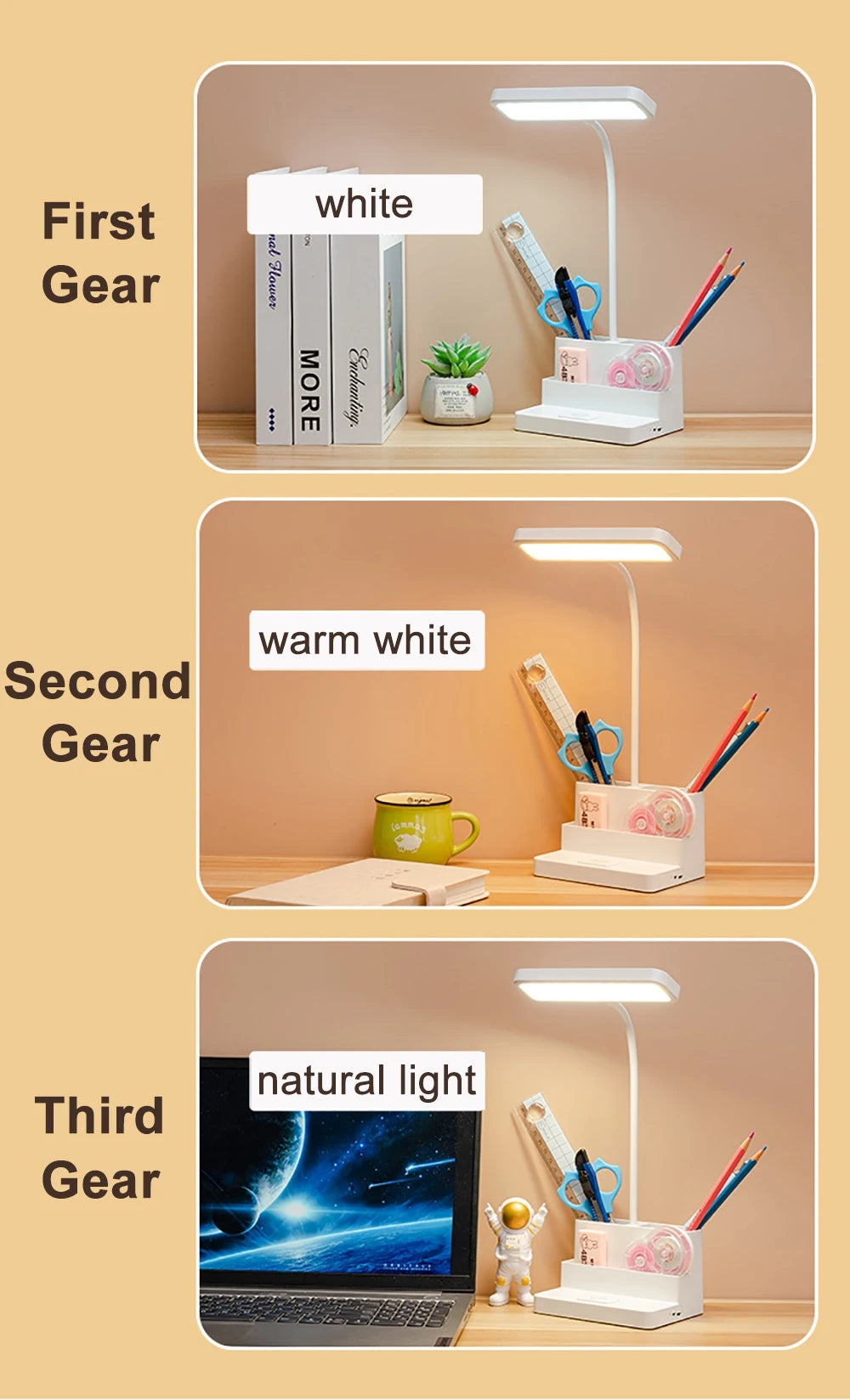 Desk Lamp Rechargeable Light Usb Led Table Lamp Office Study Reading Desk Night Lights With Pen Phone Holder Function