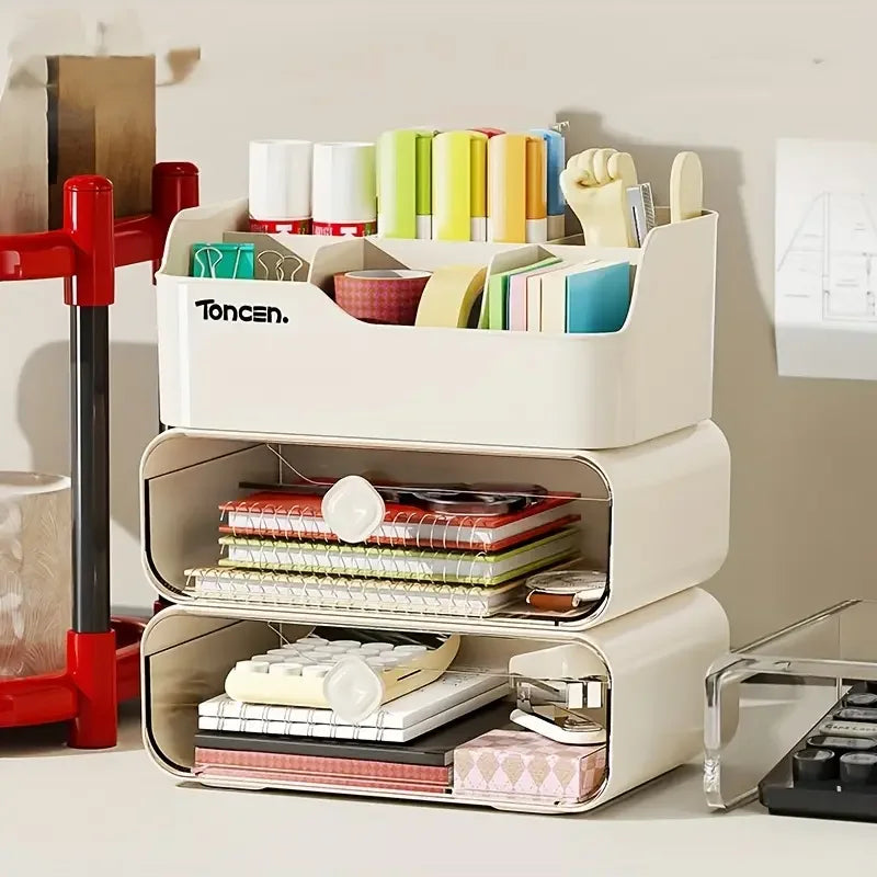 3 Layers Desk Organizer With Drawers Multifunctional Office Accessories Storage Box Stationery Desktop School Supplies