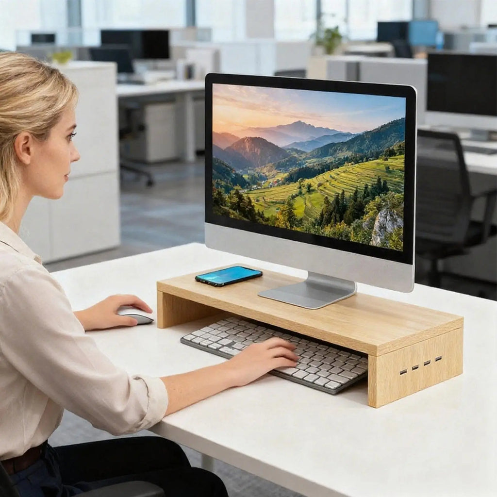 Monitor Height Stand 4 USB Ports Ventilation Shelf Booster Office Printer Stand Computer Monitor Riser Keyboard Storage Rack
