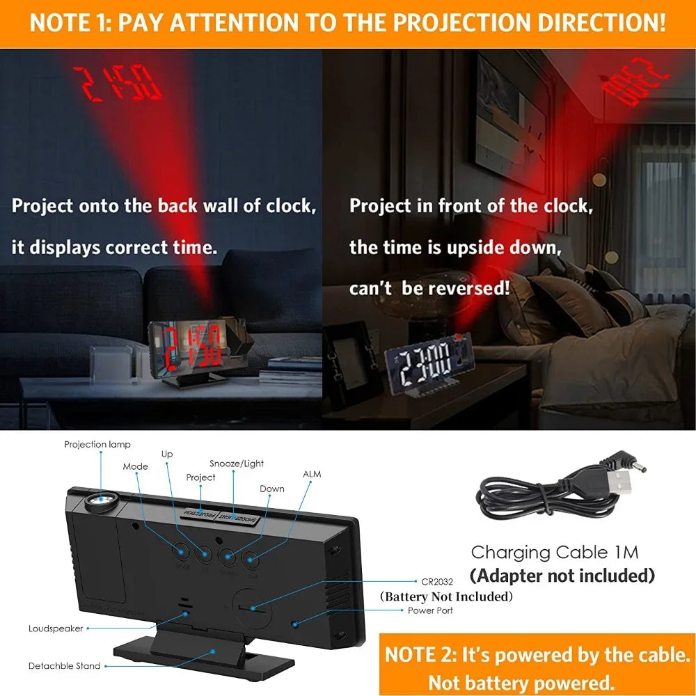 USB Powered  Digital Alarm Clock 180° Arm Projection Alarm Clock Time Temperature Snooze Table Clock 12/24H Projector LED Clock