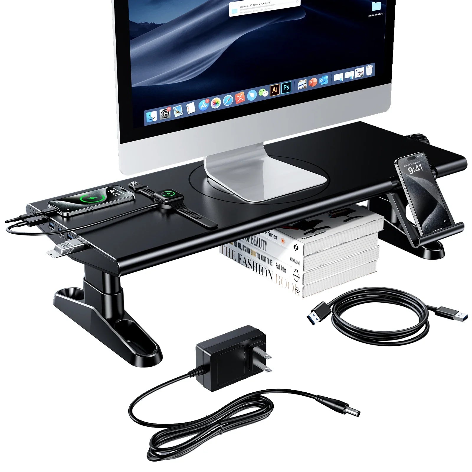 Eary Computer Monitor Stand Riser 4.5-6.3" Height Adjustable with Phone Holder with 4-Port USB 3.0 Type-C for Computer Laptop