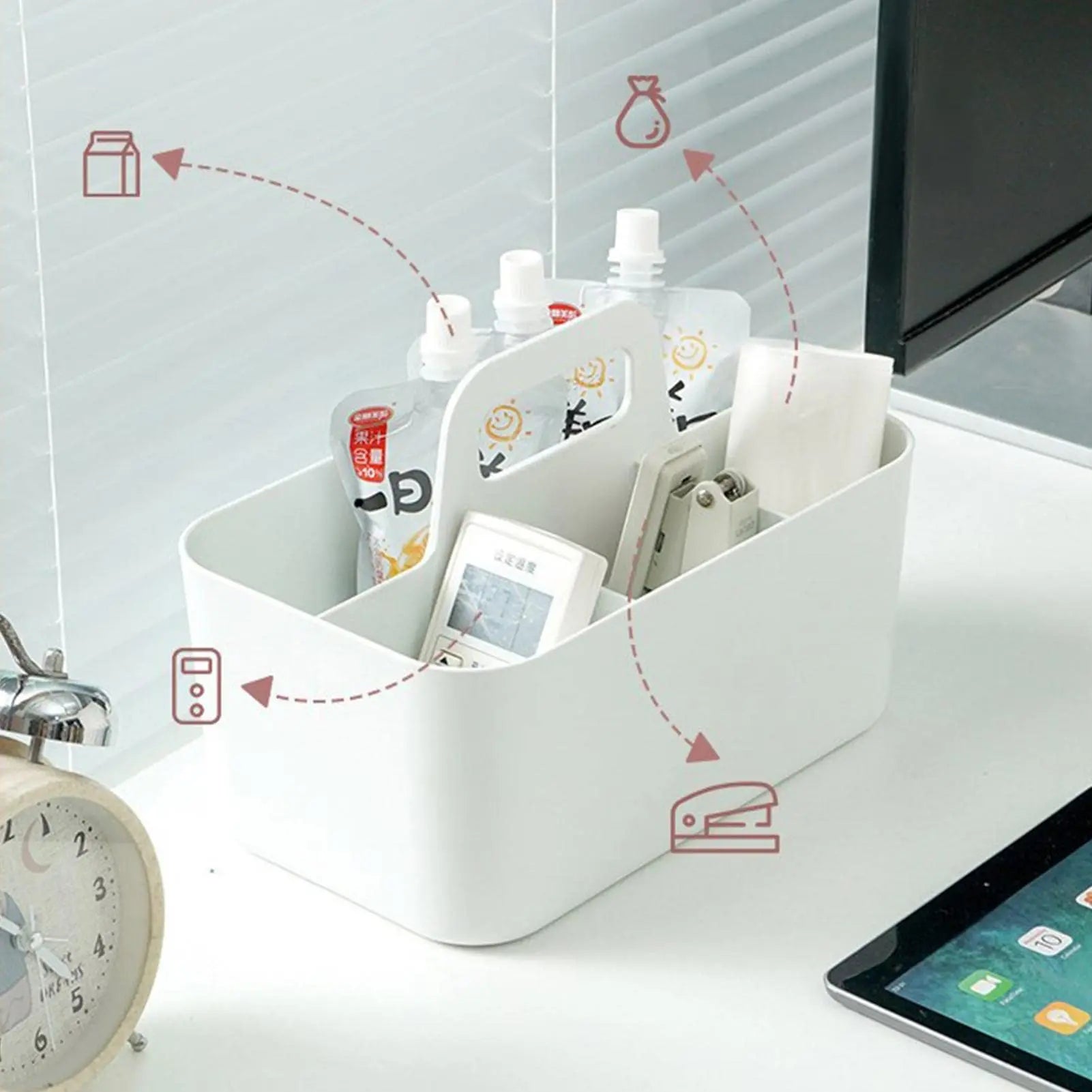 Desktop Cosmetic Organiser, Pen and Desk Organiser, Split Marker Organiser with Handle Bracket Portable Utility Fixed Container