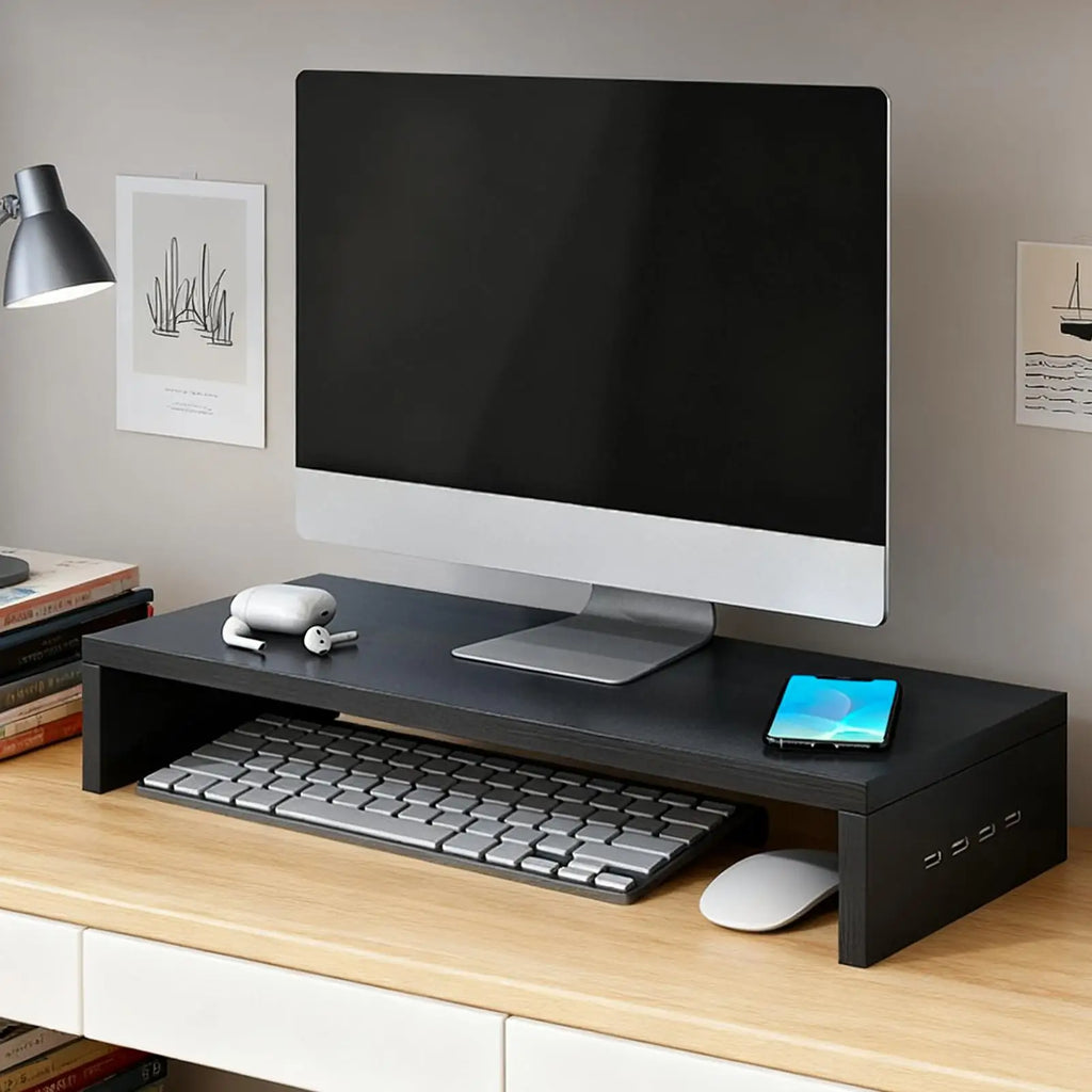 Monitor Height Stand 4 USB Ports Ventilation Shelf Booster Office Printer Stand Computer Monitor Riser Keyboard Storage Rack