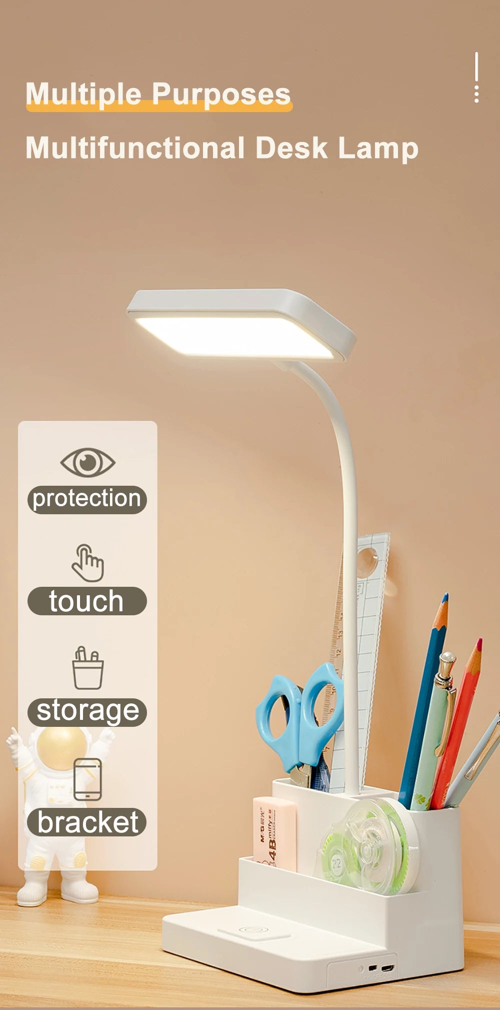 Desk Lamp Rechargeable Light Usb Led Table Lamp Office Study Reading Desk Night Lights With Pen Phone Holder Function