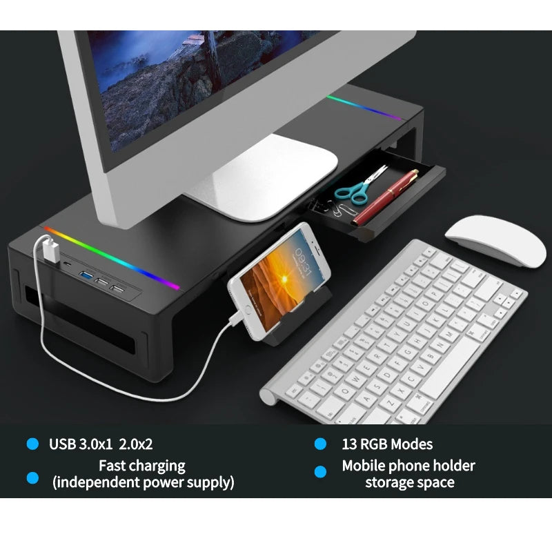 Multifunctional Computer Monitor Stand Riser with RGB Lighting& Fast Charging Interface Height-Adjustable Desk Shelf Riser