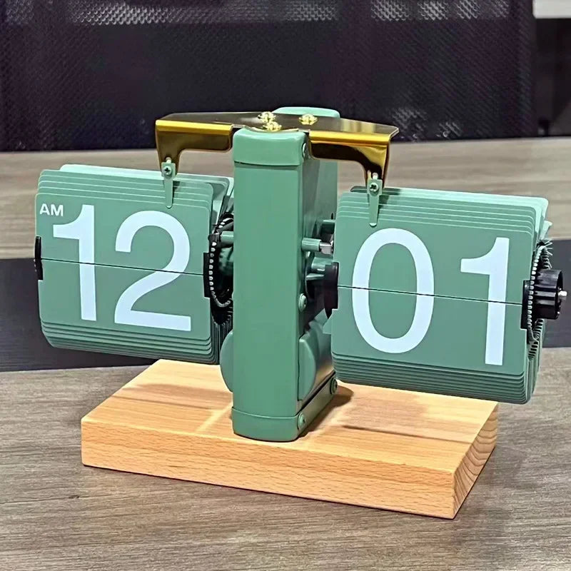 Table Clock 12H/24H Mechanical Automatic Page Turning Clock Retro Ornaments Living Room Bedroom Office Desktop Decoration