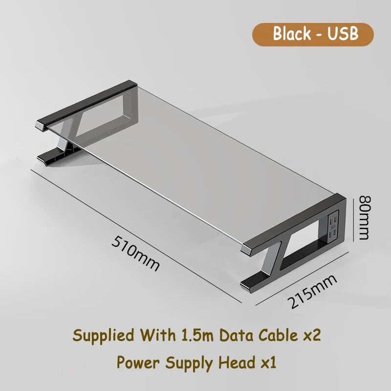 Desk Monitor Stand Riser PC Rack Holder, with 4 USB Ports, Computer Monitor Riser, Desktop Stand and Storage Rack, 20kg Capacity