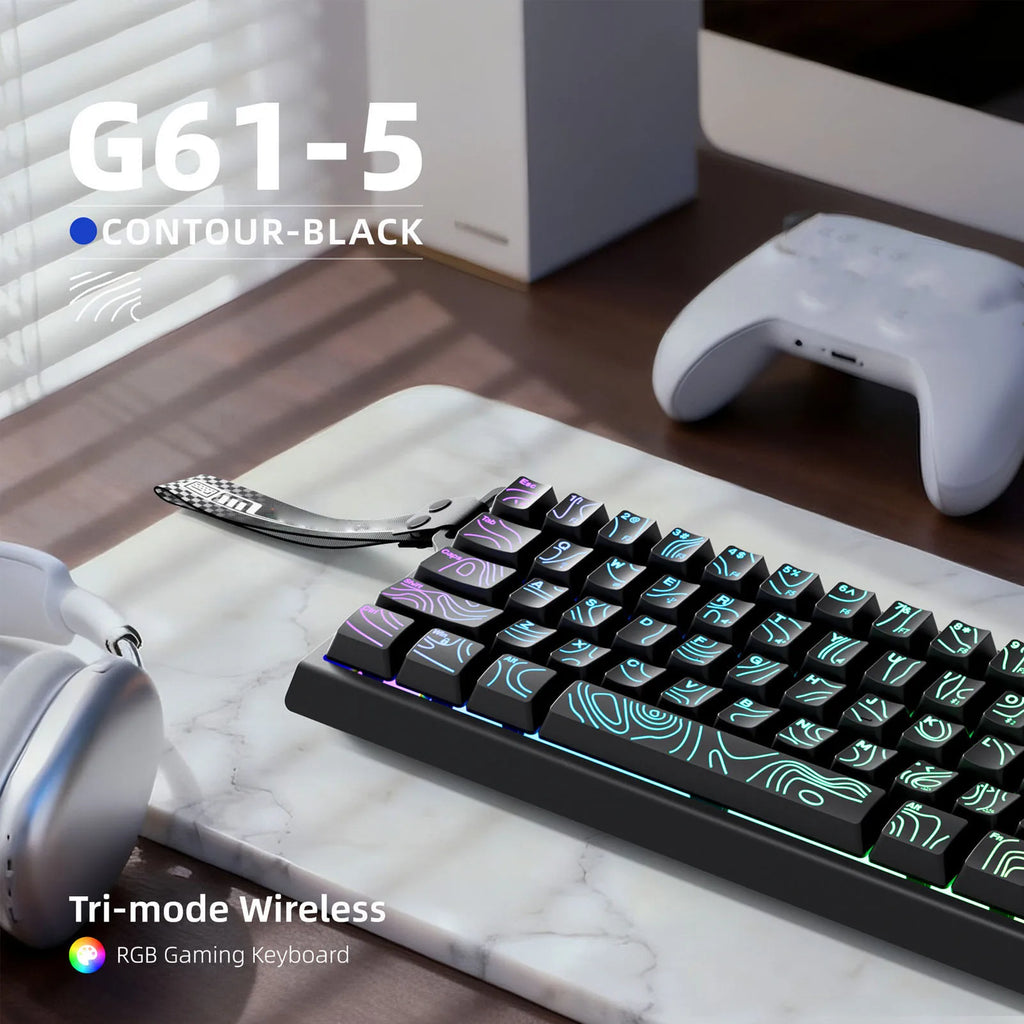 Wireless Keyboard 61 Key Triple Mode 2.4G USB Bluetooth with RGB Backlit Ribbon 60 Percent Portable for Gaming Rechargeable