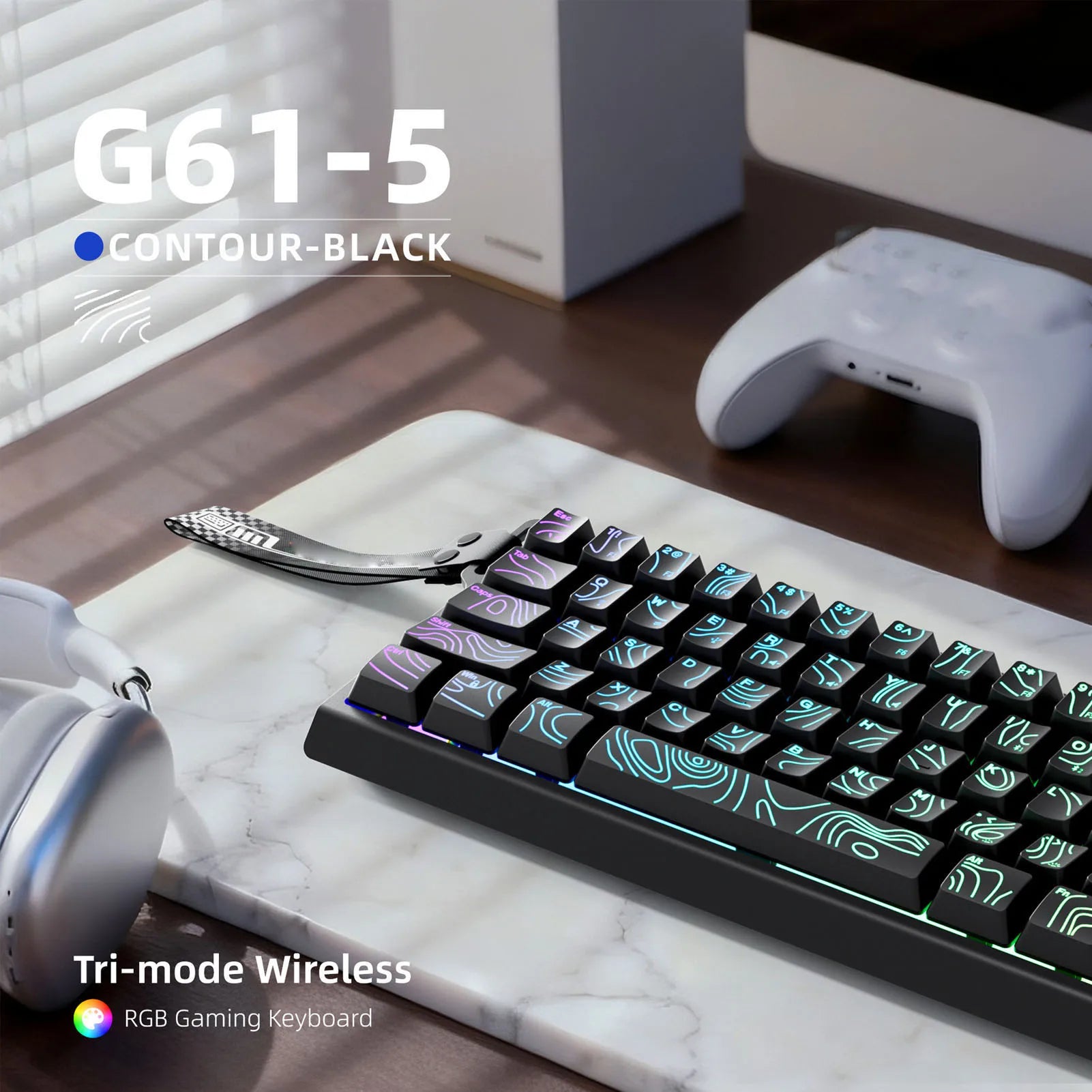 Wireless Keyboard 61 Key Triple Mode 2.4G USB Bluetooth with RGB Backlit Ribbon 60 Percent Portable for Gaming Rechargeable
