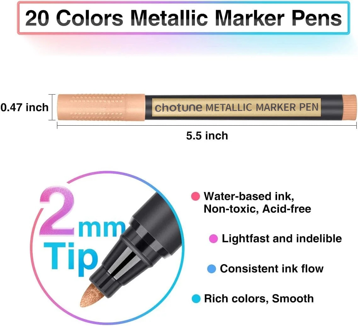 Metallic Marker Pens - Set of 20 Medium Point Metallic Markers for Rock Painting, Black Paper, Card Making, Scrapbooking Crafts,