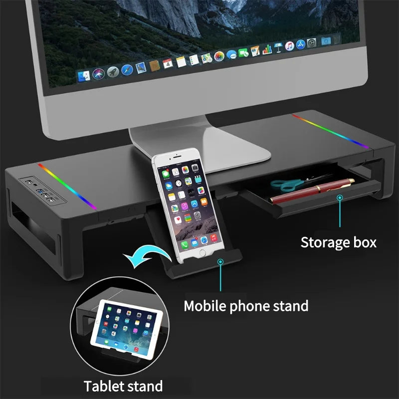 Multifunctional Computer Monitor Stand Riser with RGB Lighting& Fast Charging Interface Height-Adjustable Desk Shelf Riser