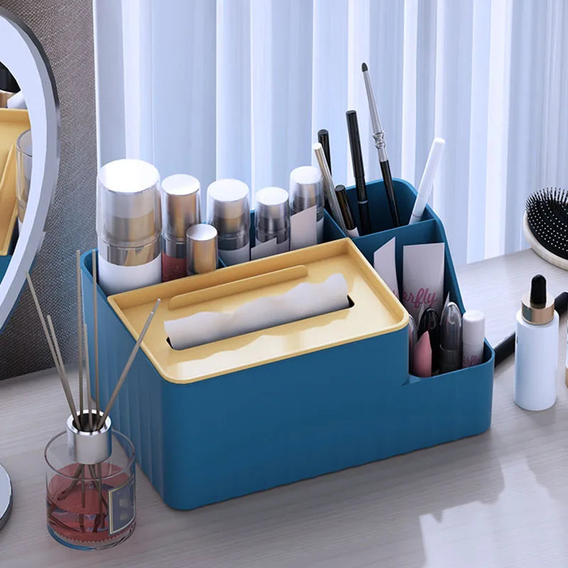 6-Section Desk Organizer - Multifunctional Tissue Box with Remote Holder, Plastic Storage for Living Room, Kitchen & Office