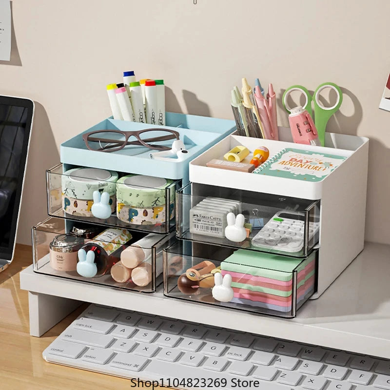Small Desk Organizer With Drawer, Office Desktop Storage Box Makeup Organizer Business Card/Pen/Pencil/Mobile Phone/Stationery