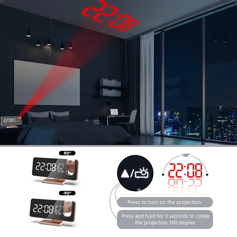LED Screen Digital USB Wake Up FM Radio Time Projector Clock Week Display Decor with Humidity Table Home Temperature Date Clock