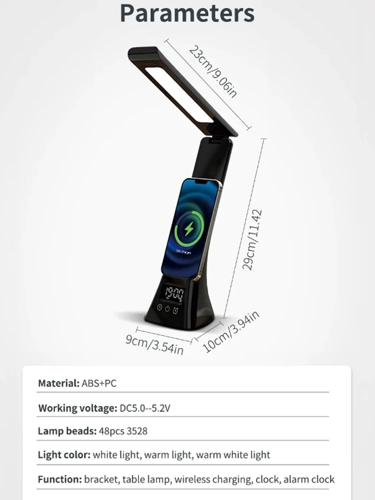 15W Wireless Charger Stand LED Desk Table Lamp With Alarm Clock 3 Colors Dimmable Desk Light Fast Charging Station for iPhone
