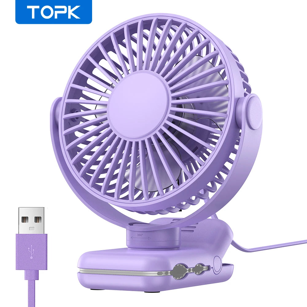 TOPK K62B Small Portable Clip Fan USB Desk Fan with 3 Speeds Strong Airflow, 720° Rotation, Ultra-Quiet, Desk Fans for Home/Offi
