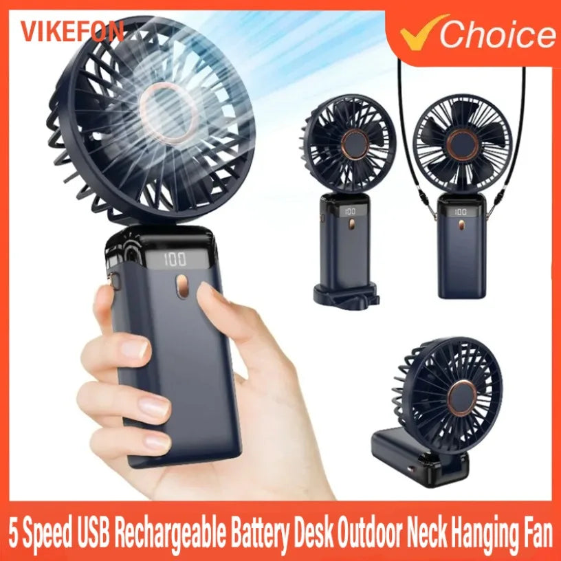 5 Speed with USB Rechargeable Battery Desk Outdoor Neck Hanging Fan ﻿Foldable Handheld Portable Fan Mini Foldable HandFan