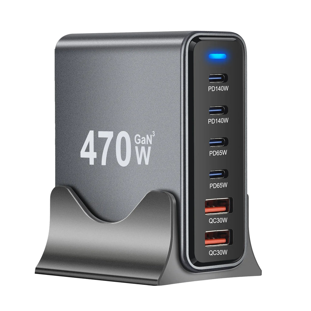 470W 6-Port GaN Desktop Charger - 4C2A USB-C PD Fast Charge for Phones, Tablets & Laptops